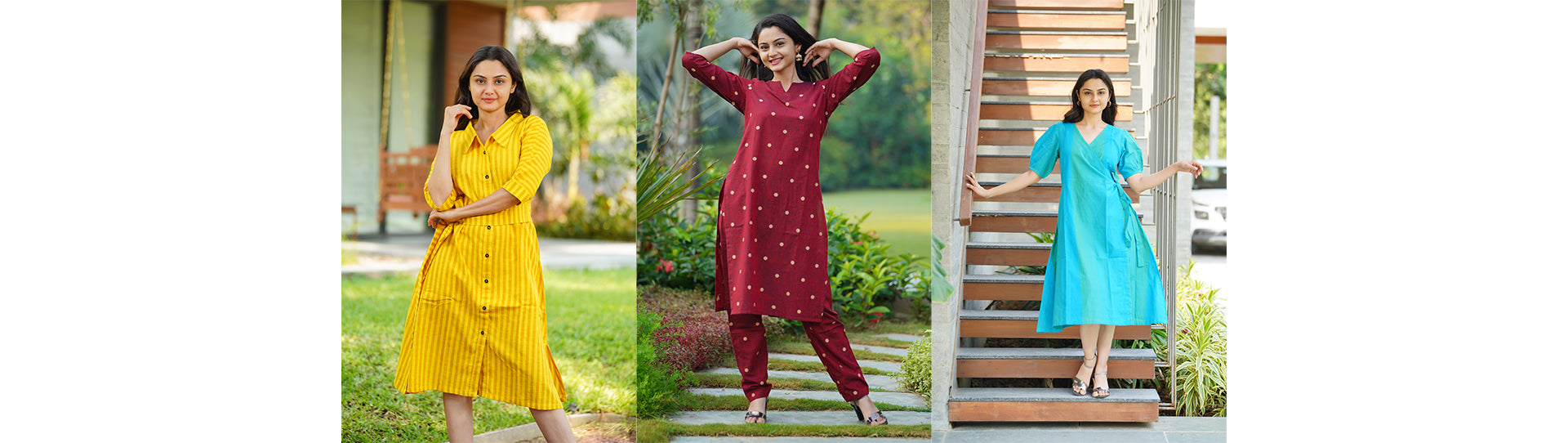 Sunshine Shirt Dress, Elegant Curve Kurta Set (Maroon color) & Aqua Overlap Dress Combo