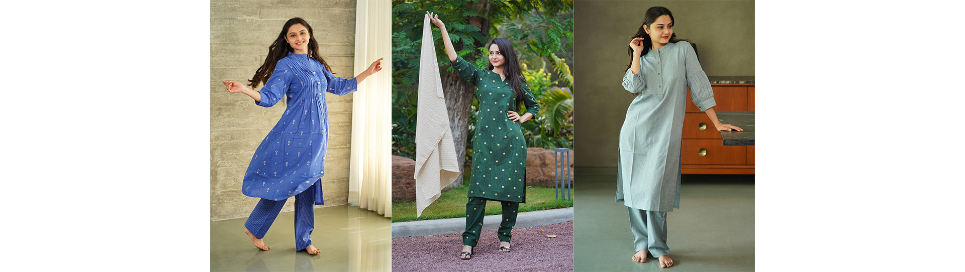 Springy Pleats Kurta Set, Elegant Curve Kurta Set (Green color) & Classy Half Button Kurta Set