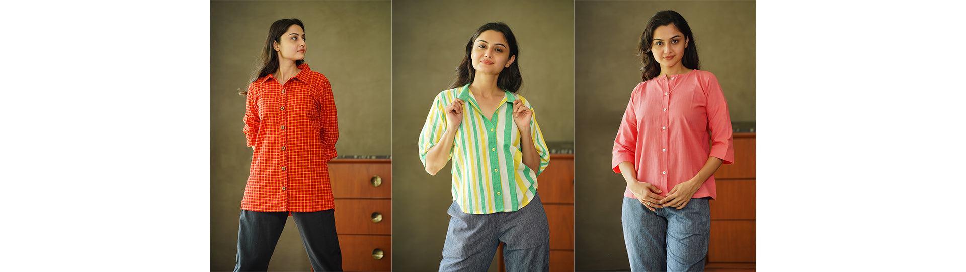 Whiz Checks Shirt, Cool Stripes Short Shirt (Green) & Coral Blush Short Shirt Combo