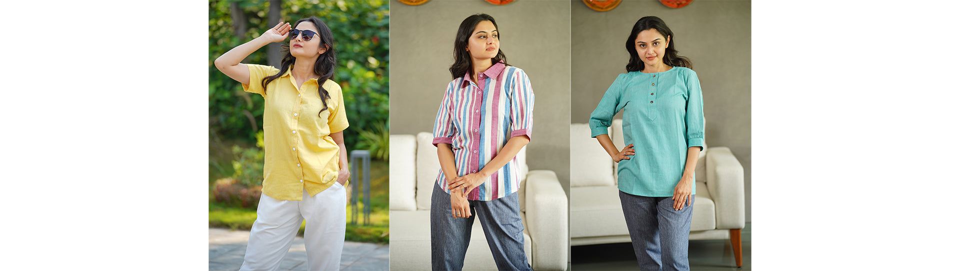 Lime Shirt & Cool Stripes Short Shirt (Purple) & Blue Daisy Half-Button Top Combo