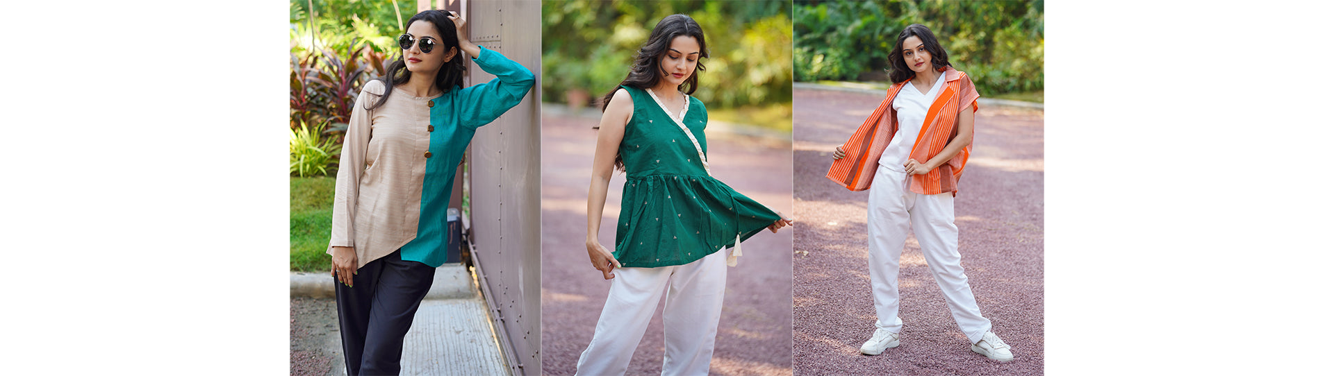 Enchanting Asymmetrical Top, Pyramid Peplum Top (Green) & Peach Kimono Overlay Combo