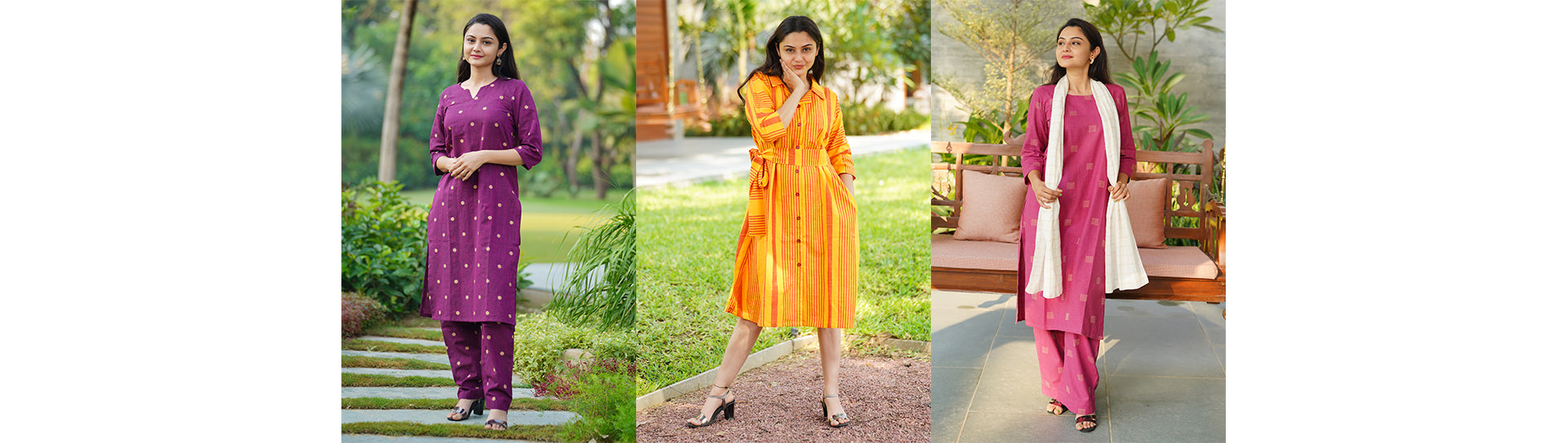 Elegant Curve Kurta Set (Purple color), Marigold Shirt Dress & Rose Katha Kurta set (Pink color) Combo