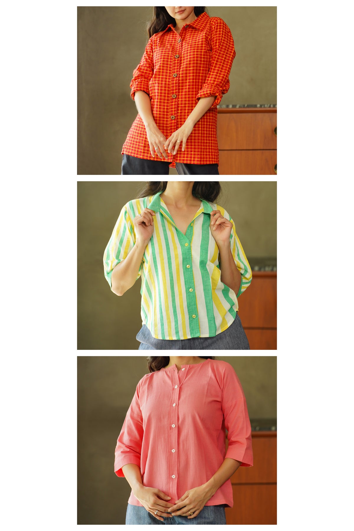 Whiz Checks Shirt, Cool Stripes Short Shirt (Green) & Coral Blush Short Shirt Combo